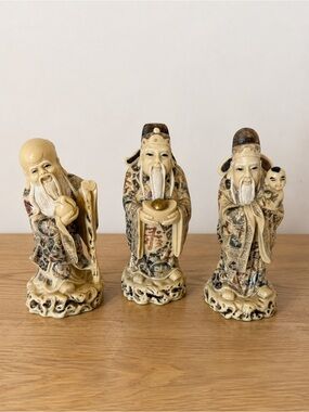 Chinese Fu Lu Shou Sanxing Figurines Set of 3 Ivory Tone 6”